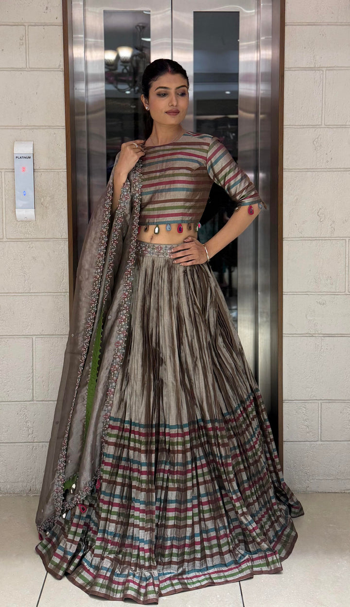 Mocha Brown Striped Silk Lehenga with Embroidered Dupatta