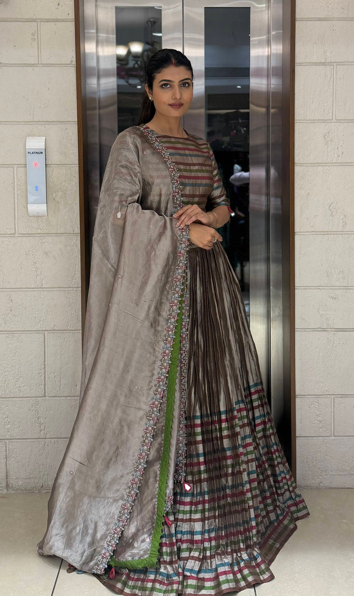 Mocha Brown Striped Silk Lehenga with Embroidered Dupatta