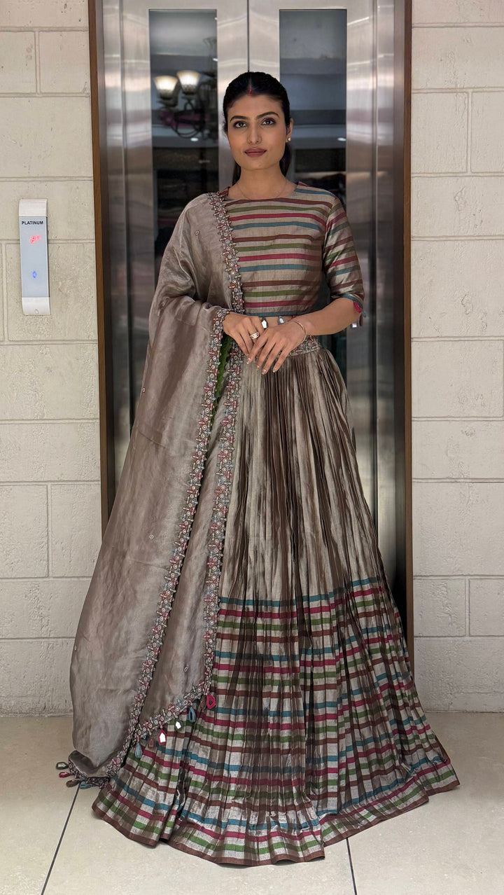 Mocha Brown Striped Silk Lehenga with Embroidered Dupatta