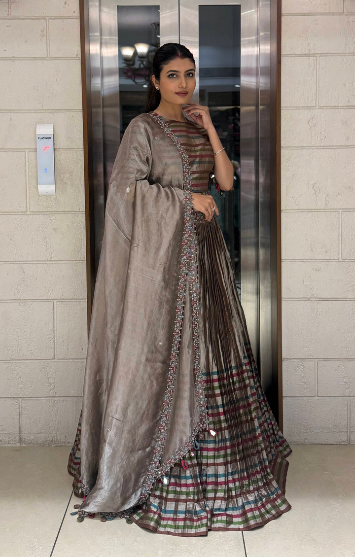 Mocha Brown Striped Silk Lehenga with Embroidered Dupatta