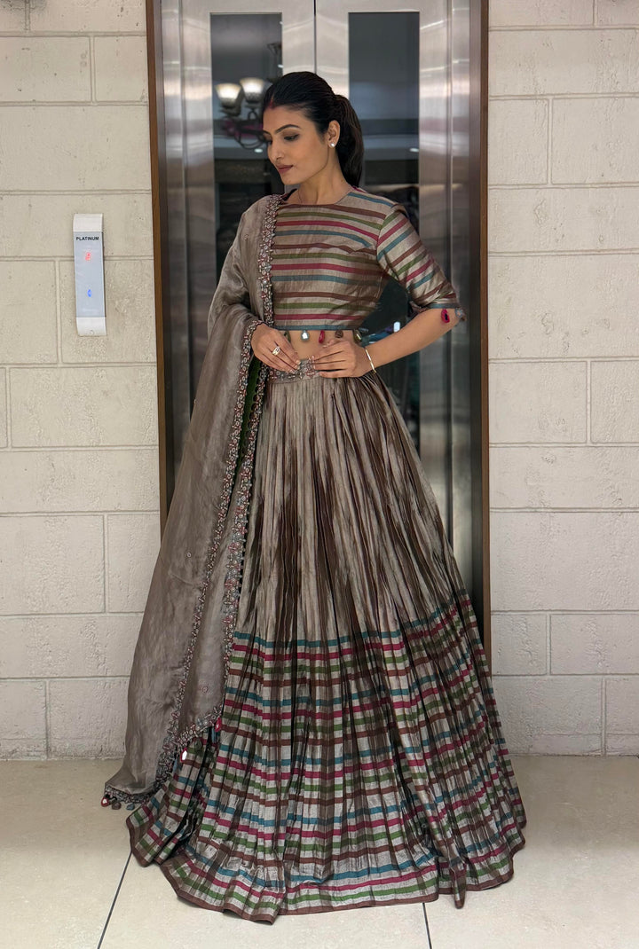Mocha Brown Striped Silk Lehenga with Embroidered Dupatta