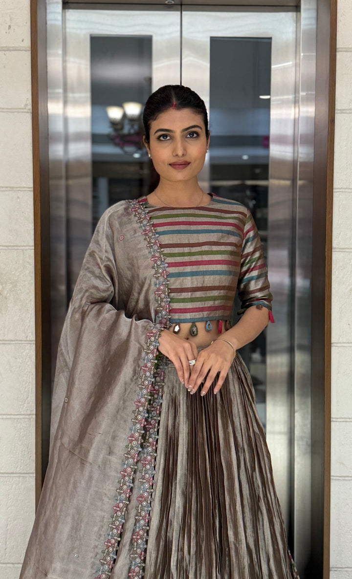 Mocha Brown Striped Silk Lehenga with Embroidered Dupatta