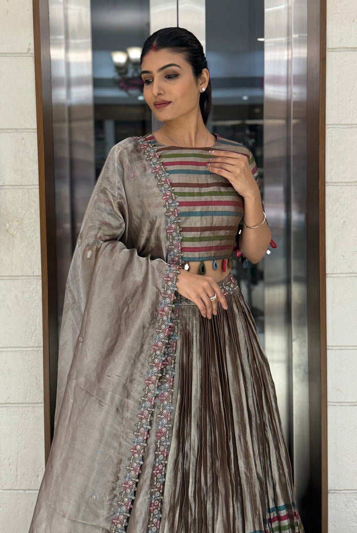 Mocha Brown Striped Silk Lehenga with Embroidered Dupatta