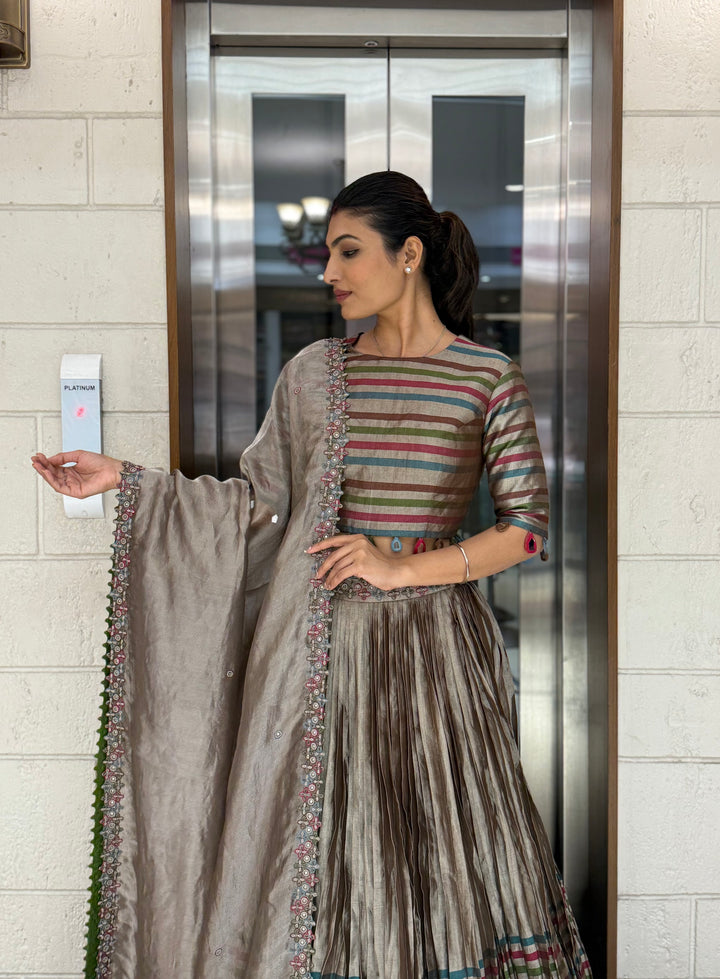 Mocha Brown Striped Silk Lehenga with Embroidered Dupatta