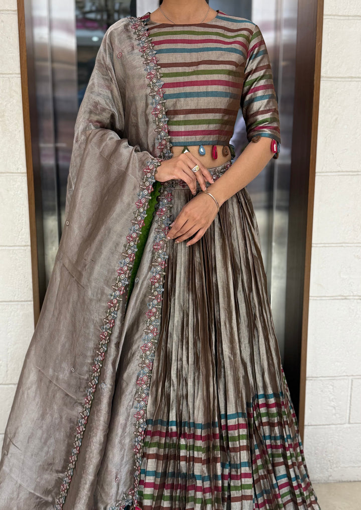 Mocha Brown Striped Silk Lehenga with Embroidered Dupatta