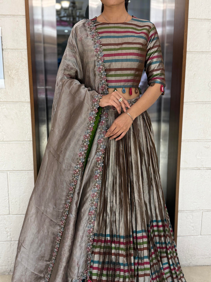 Mocha Brown Striped Silk Lehenga with Embroidered Dupatta