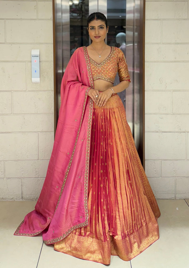 Peach & Pink Ombre Silk Lehenga with Mirror and Zari Embroidery
