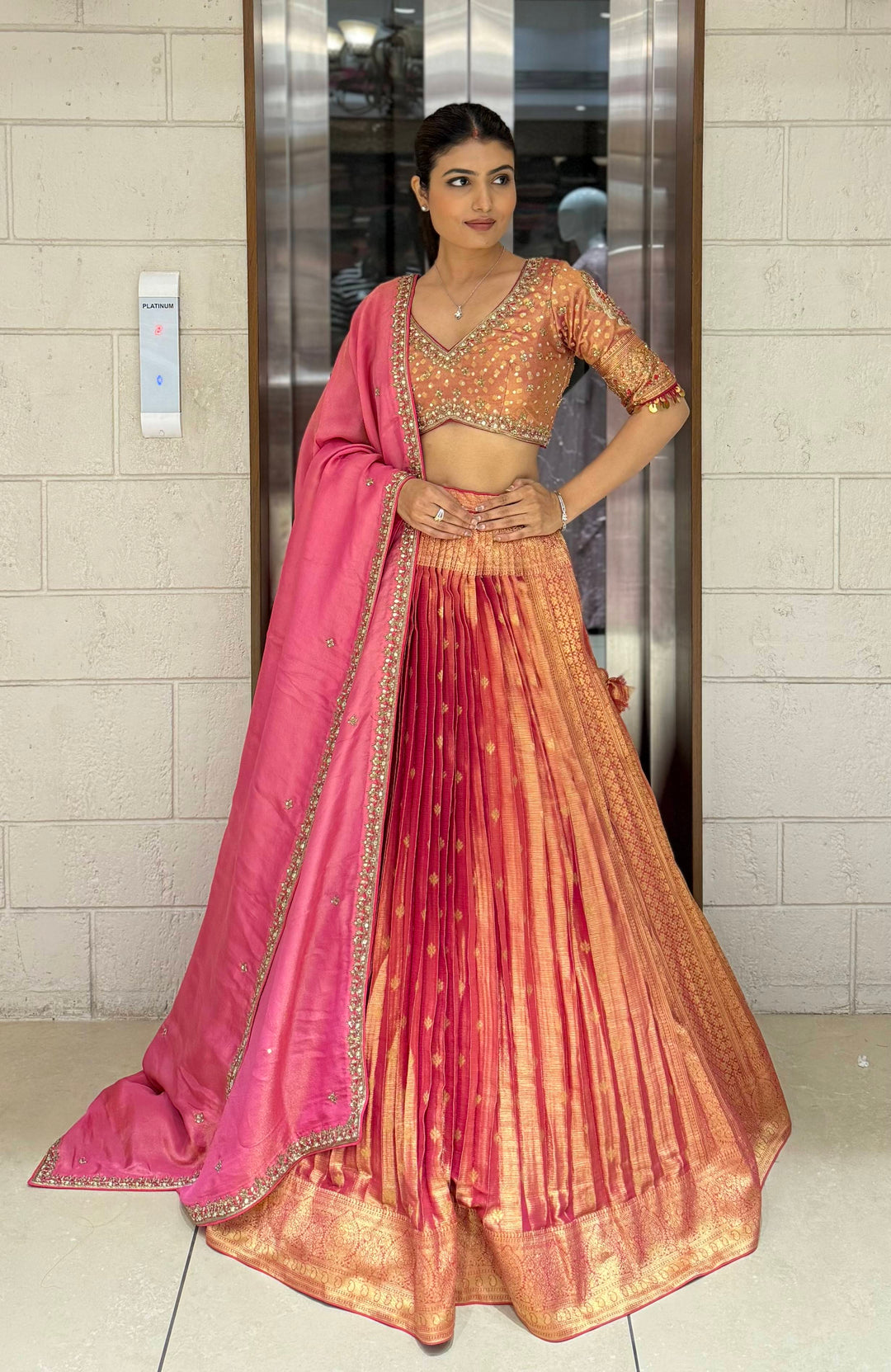 Peach & Pink Ombre Silk Lehenga with Mirror and Zari Embroidery