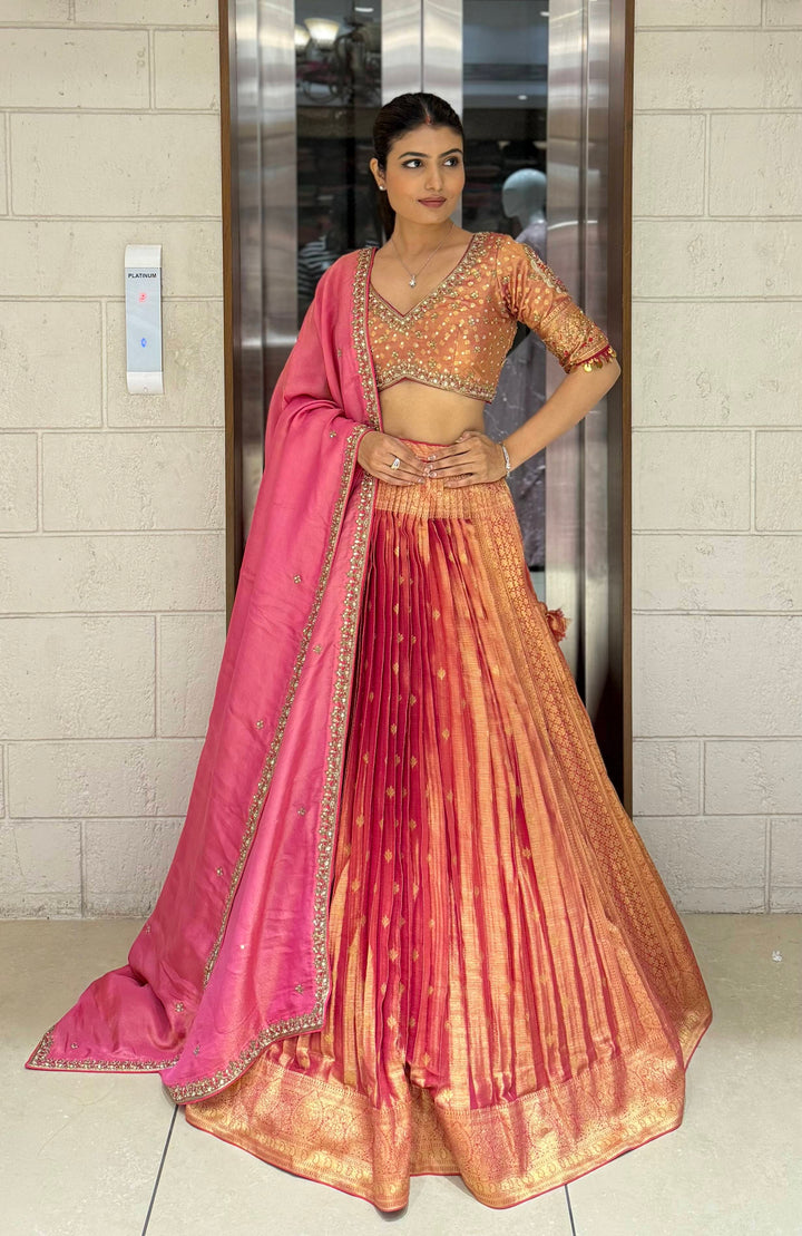 Peach & Pink Ombre Silk Lehenga with Mirror and Zari Embroidery