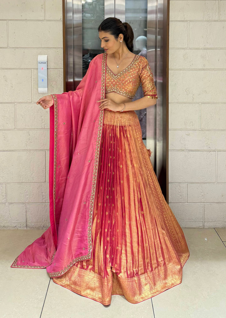 Peach & Pink Ombre Silk Lehenga with Mirror and Zari Embroidery