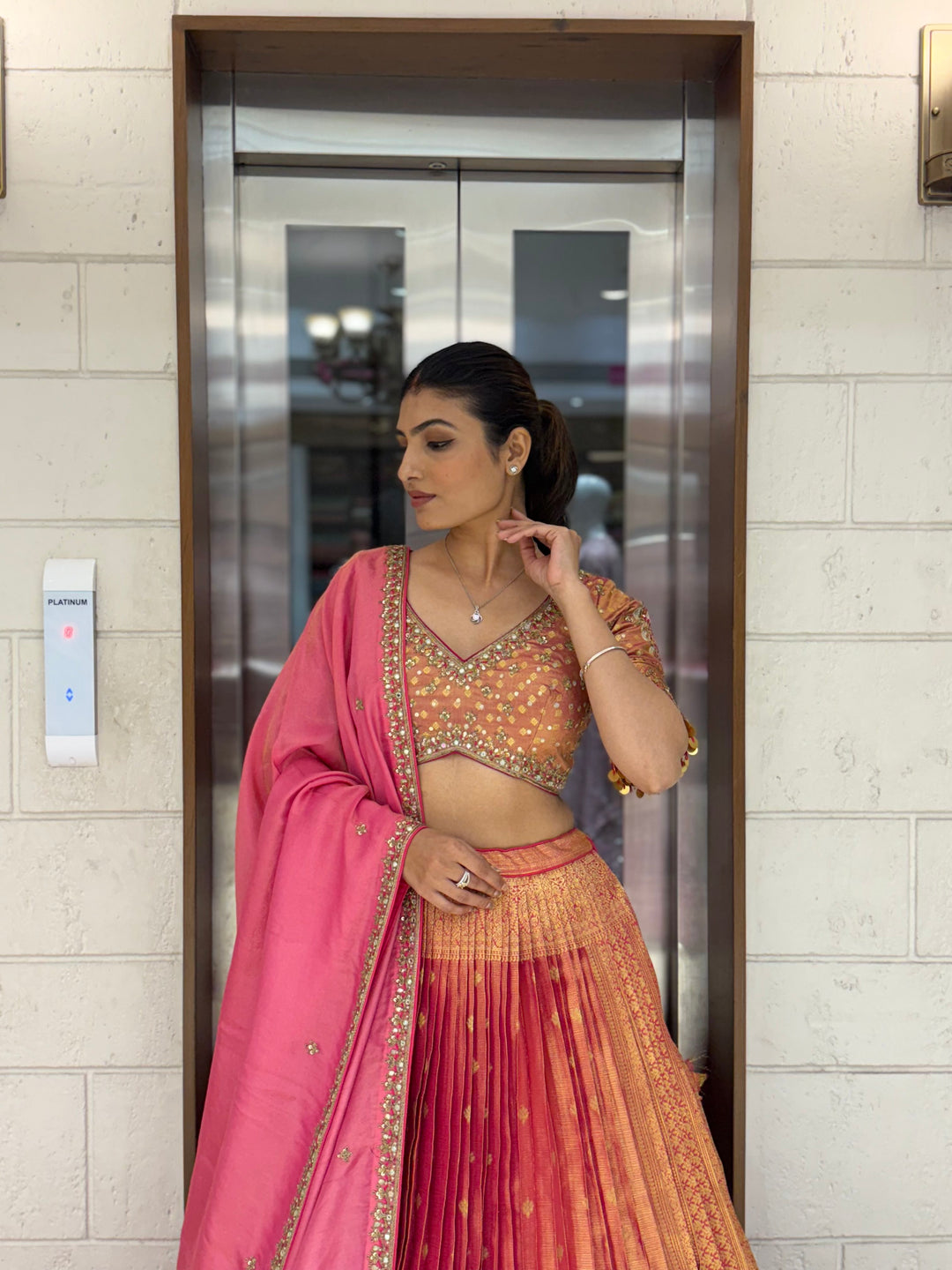 Peach & Pink Ombre Silk Lehenga with Mirror and Zari Embroidery