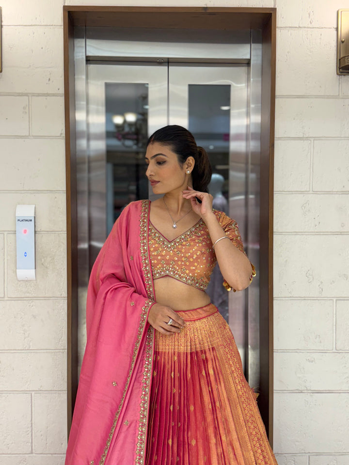 Peach & Pink Ombre Silk Lehenga with Mirror and Zari Embroidery
