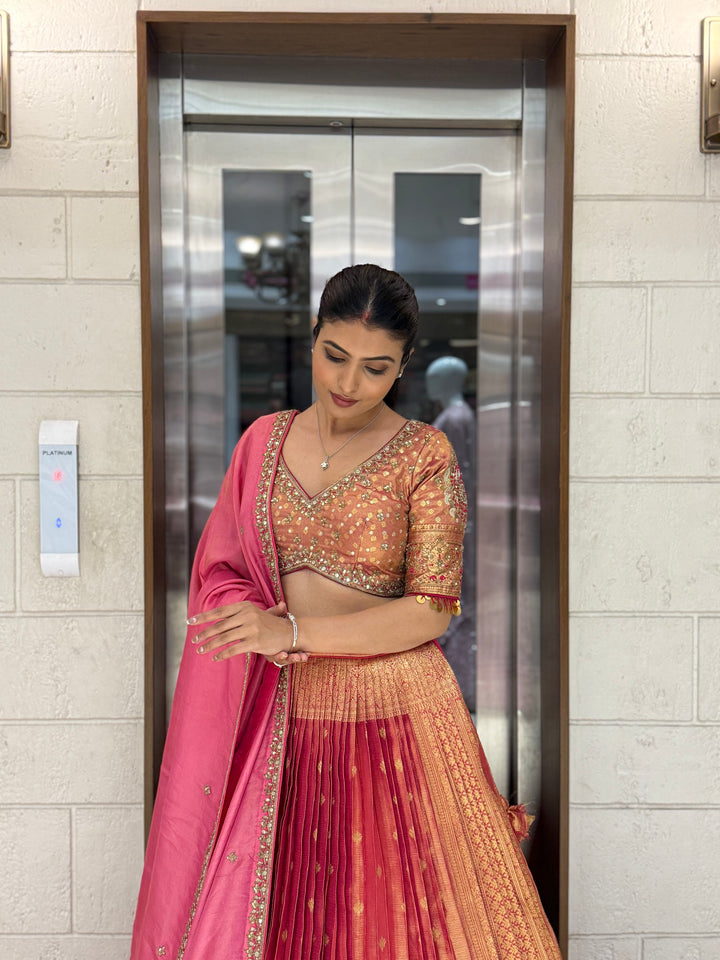 Peach & Pink Ombre Silk Lehenga with Mirror and Zari Embroidery