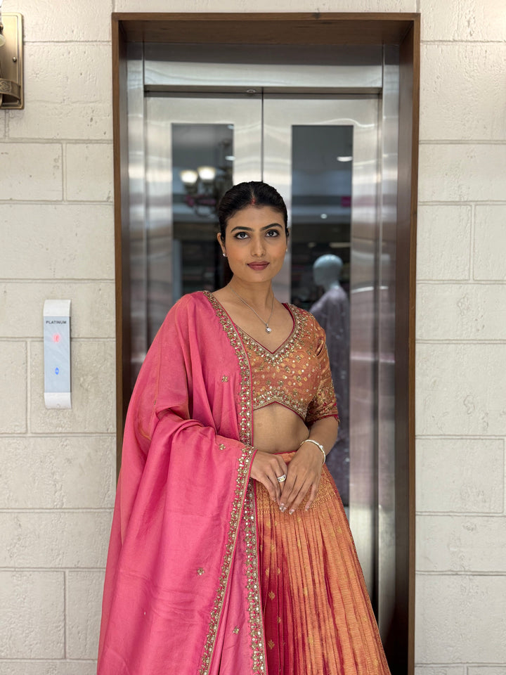 Peach & Pink Ombre Silk Lehenga with Mirror and Zari Embroidery