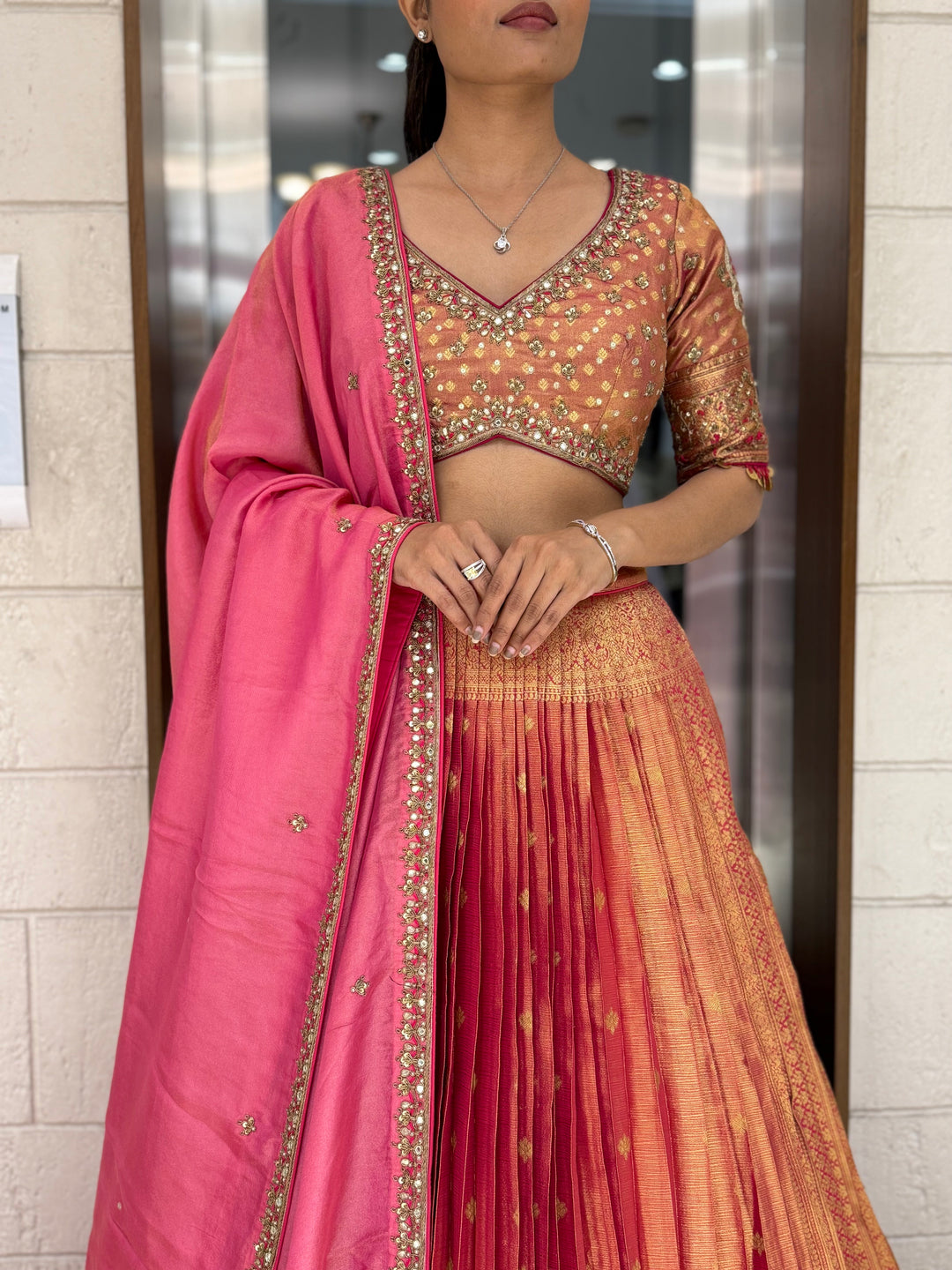Peach & Pink Ombre Silk Lehenga with Mirror and Zari Embroidery
