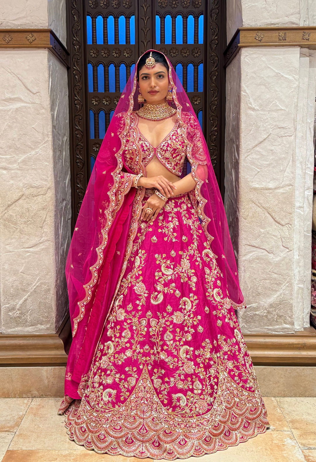 Vibrant Rani Pink Bridal Lehenga with Double Dupatta & Handcrafted Zardozi Embroidery