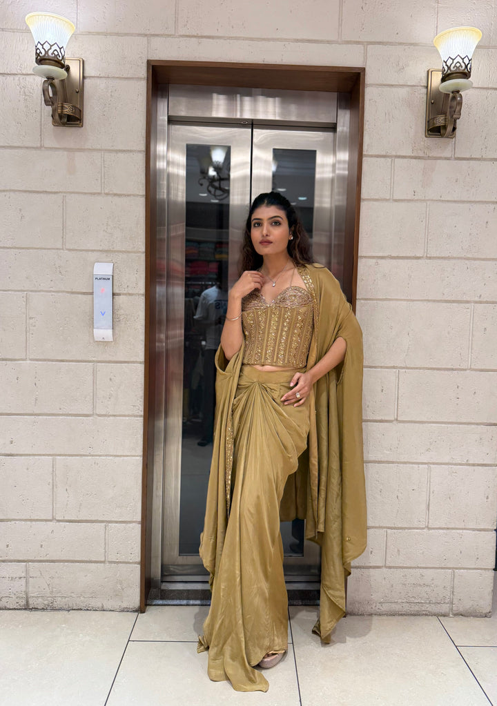 Champagne Gold Draped Saree Set with Embroidered Corset Blouse & Cape