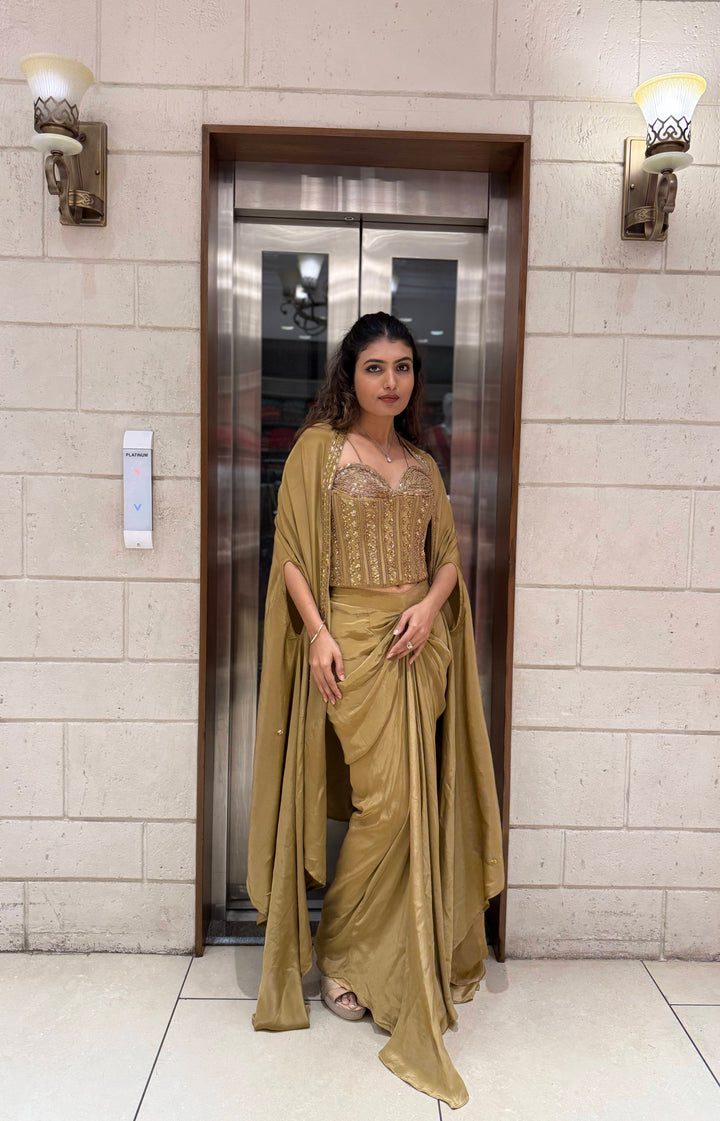 Champagne Gold Draped Saree Set with Embroidered Corset Blouse & Cape