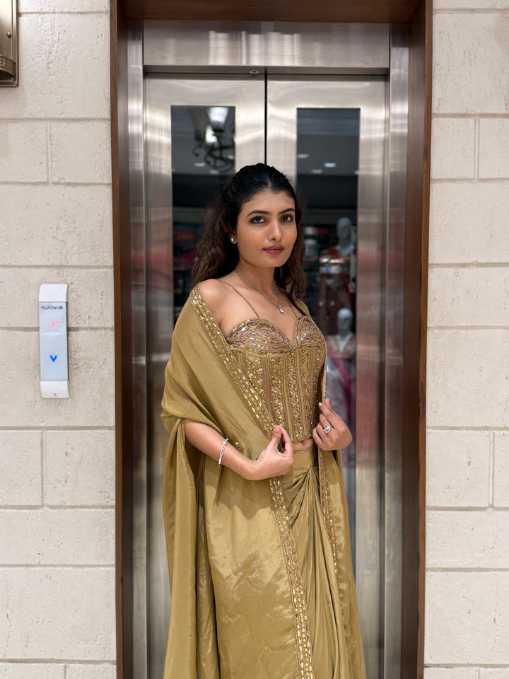 Champagne Gold Draped Saree Set with Embroidered Corset Blouse & Cape
