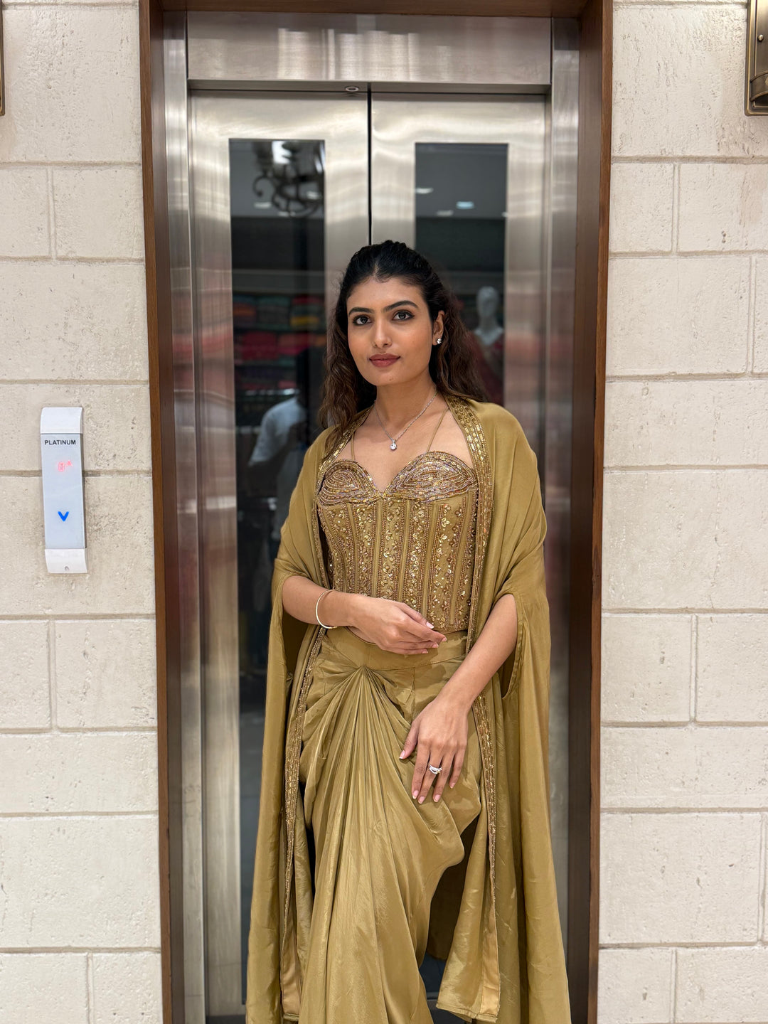 Champagne Gold Draped Saree Set with Embroidered Corset Blouse & Cape