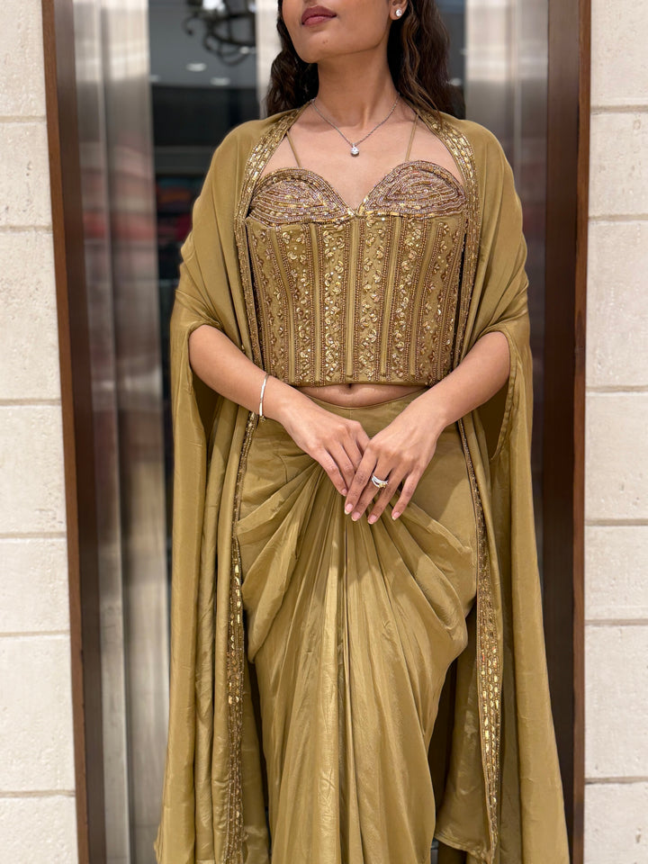 Champagne Gold Draped Saree Set with Embroidered Corset Blouse & Cape