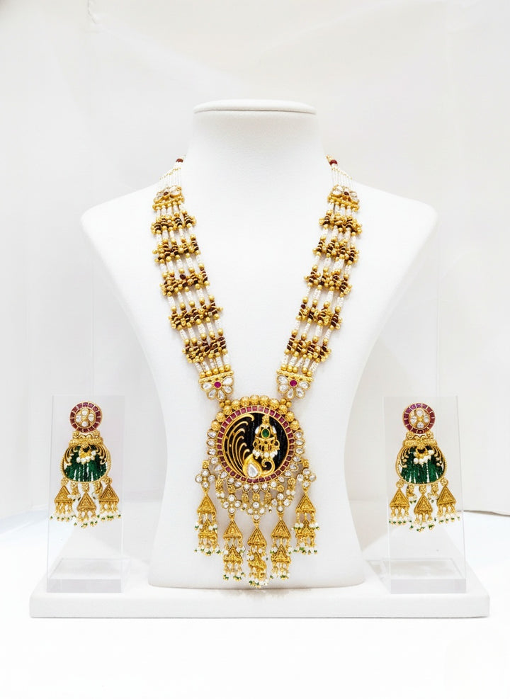 Grand Peacock Temple Necklace Set with Kundan & Polki Detailing