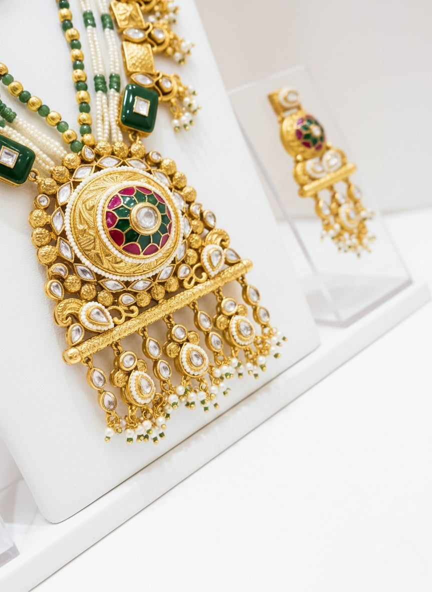 Royal Kundan Polki Temple Necklace Set with Emerald & Pearl Layers