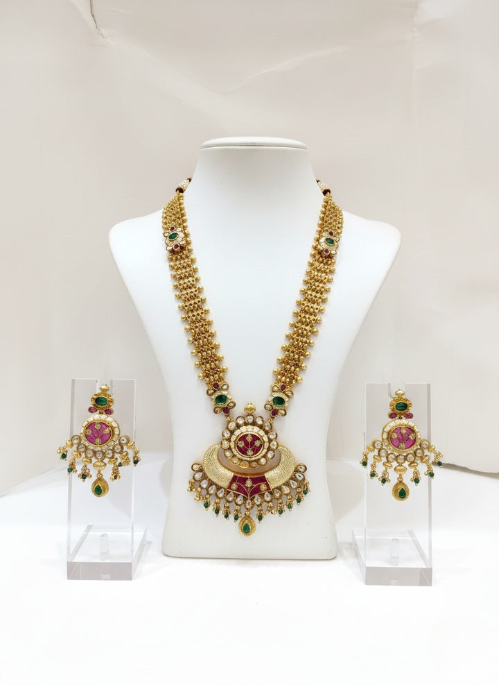 Heritage Kundan Temple Necklace with Ruby, Emerald & Pearl Detailing