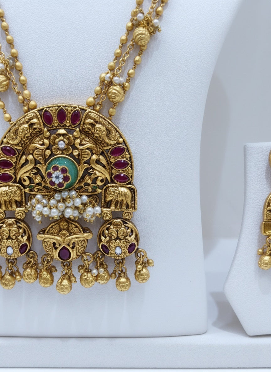 Antique Gold Goddess Temple Necklace Set with Ruby & Emerald Detailing