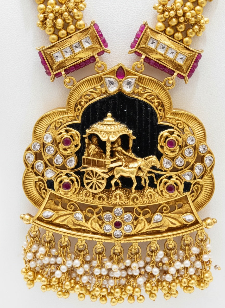 Divine Heritage Temple Necklace Set with Chariot Motif – Ruby, Pearl & Emerald Grand Bridal Jewelry