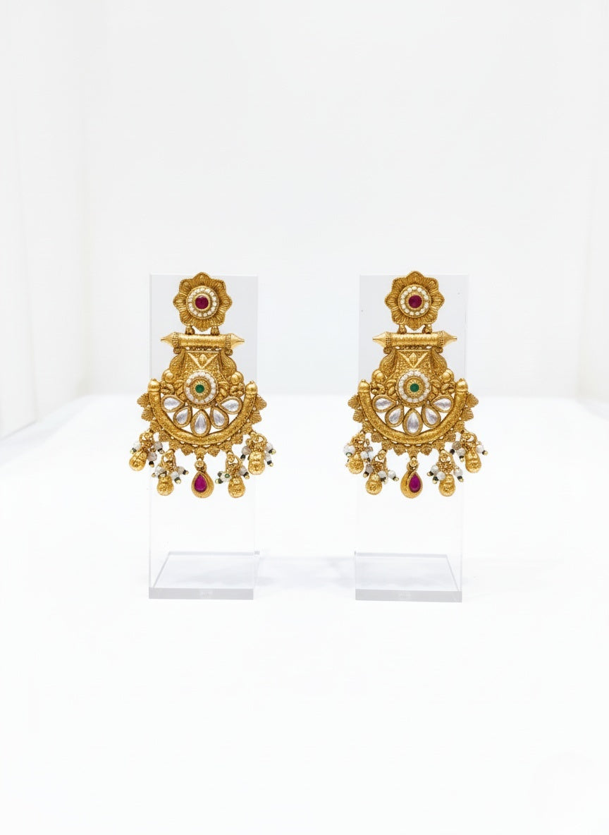 Antique Gold Lakshmi Temple Necklace Set with Kundan and Pearl Detailing