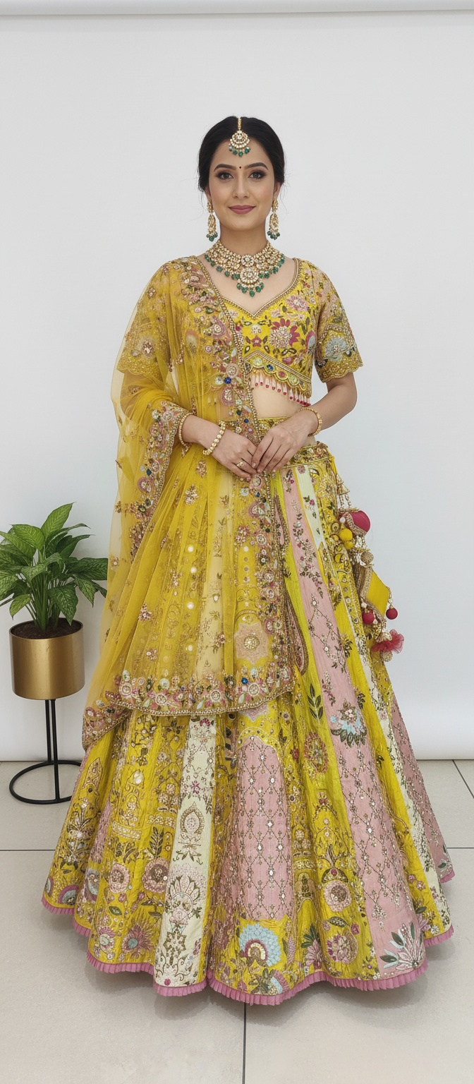 Sunlit Yellow & Blush Pink Hand-Embroidered Silk Lehenga with Mirror and Resham Work
