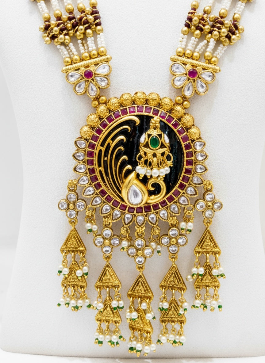 Grand Peacock Temple Necklace Set with Kundan & Polki Detailing