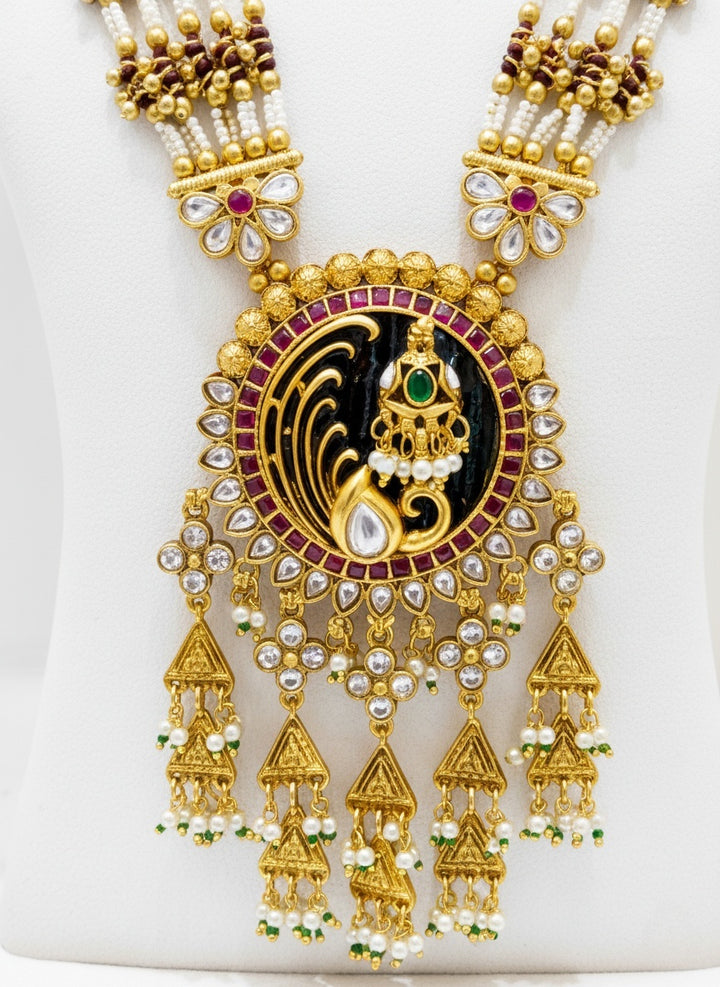 Grand Peacock Temple Necklace Set with Kundan & Polki Detailing