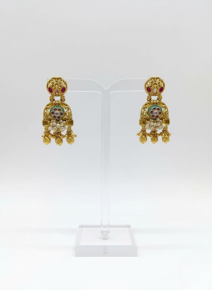 Antique Gold Goddess Temple Necklace Set with Ruby & Emerald Detailing