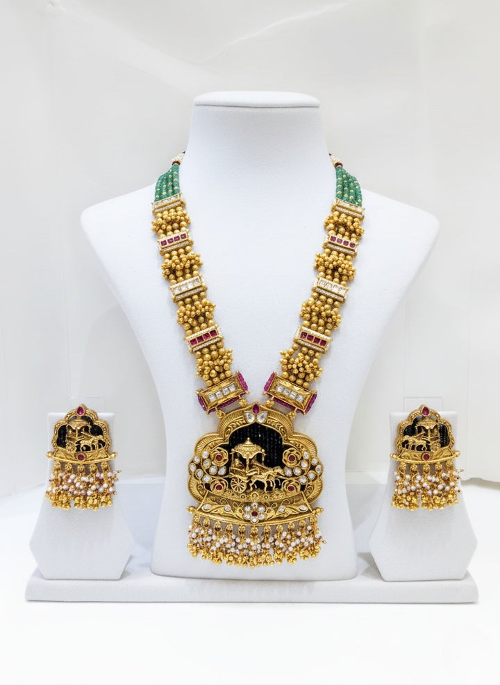 Divine Heritage Temple Necklace Set with Chariot Motif – Ruby, Pearl & Emerald Grand Bridal Jewelry