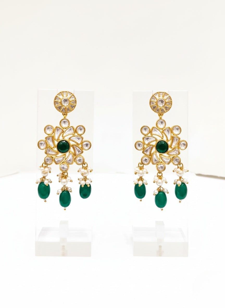 Emerald Green Kundan Polki Necklace Set with Pearls – Luxe Heritage Bridal Jewelry