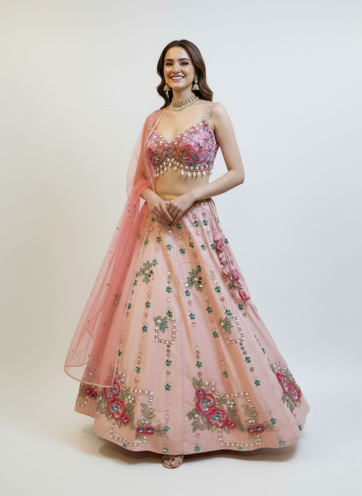 Blush Pink Floral Embroidered Lehenga Set with Mirror Work & Net Dupatta