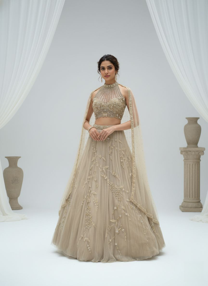 Champagne Gold Embroidered Net Lehenga Set with Cape Dupatta