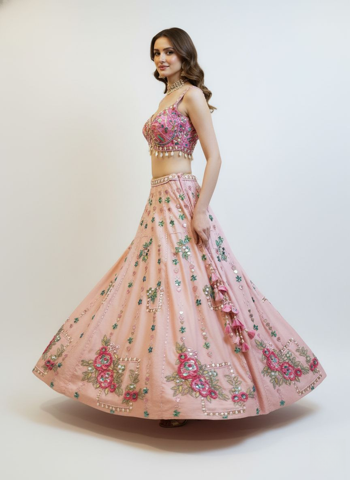 Blush Pink Floral Embroidered Lehenga Set with Mirror Work & Net Dupatta