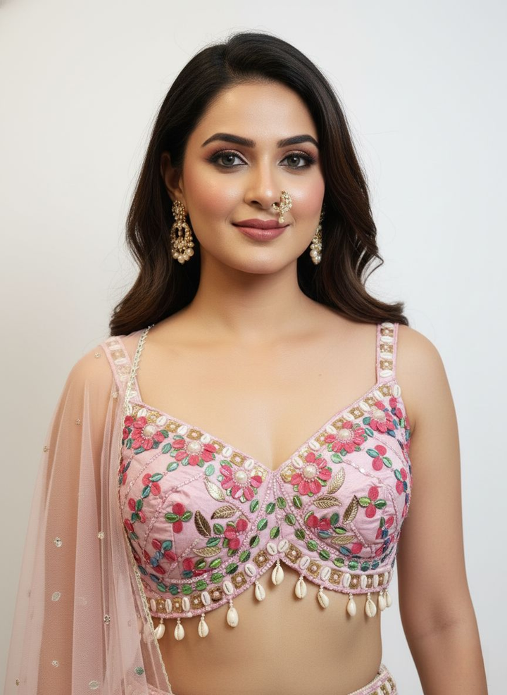 Mint Green Multicolor Floral Embroidered Lehenga Set with Tassel Details