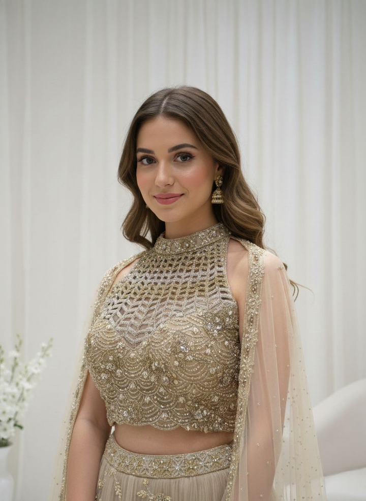 Champagne Gold Embroidered Net Lehenga Set with Cape Dupatta