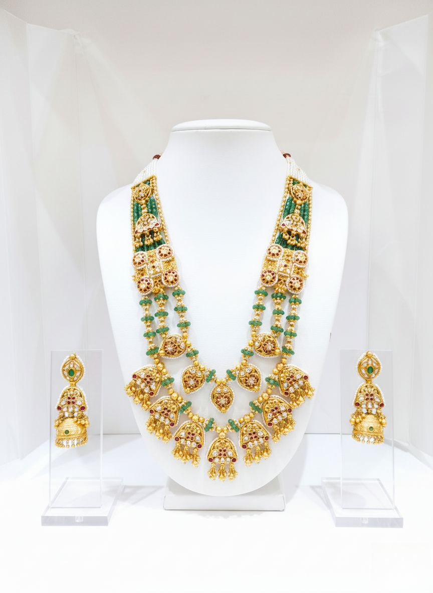 Majestic Heritage Temple Long Haram Set with Ruby Emerald Beads