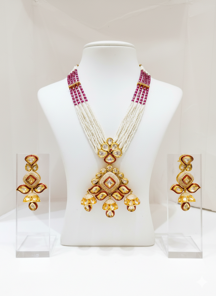 Royal Kundan Polki Necklace Set with Ruby Beaded Strings