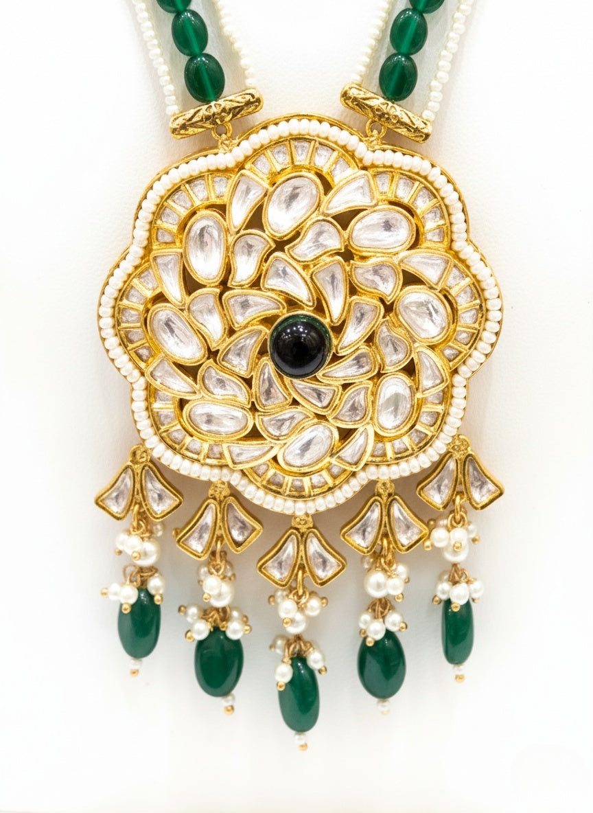 Emerald Green Kundan Polki Necklace Set with Pearls – Luxe Heritage Bridal Jewelry