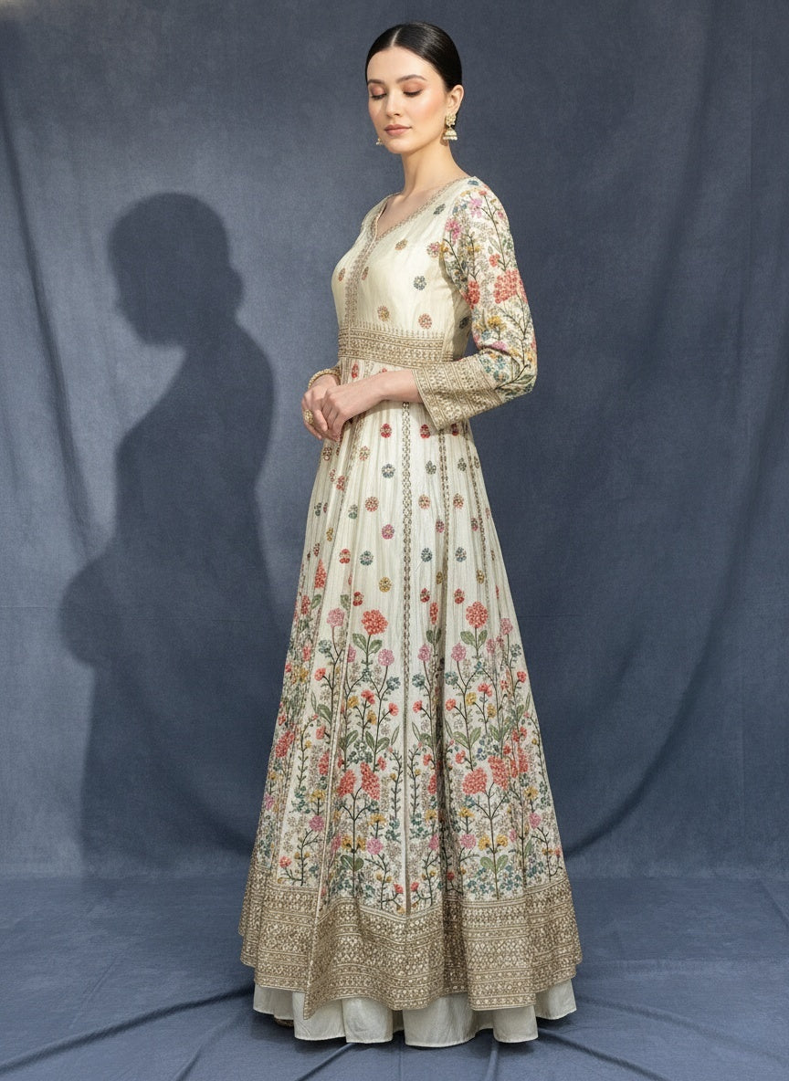 Ivory Floral Printed Anarkali Gown with Traditional Border Work 36