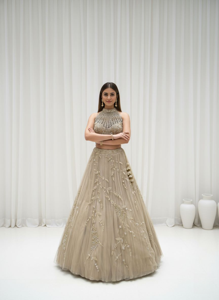 Champagne Gold Embroidered Net Lehenga Set with Cape Dupatta