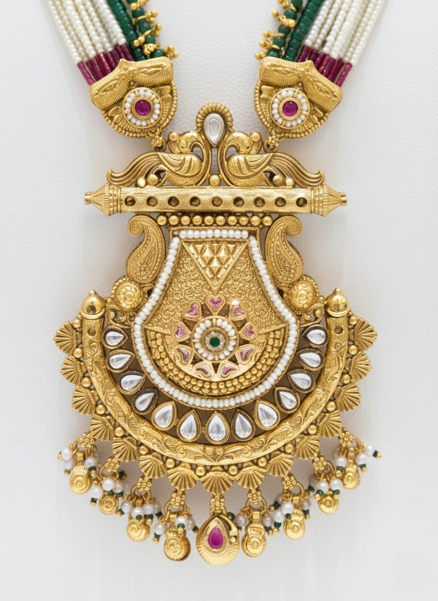 Antique Gold Lakshmi Temple Necklace Set with Kundan and Pearl Detailing