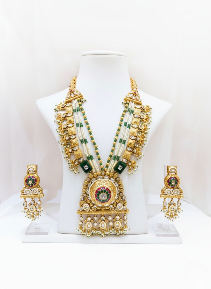 Royal Kundan Polki Temple Necklace Set with Emerald & Pearl Layers