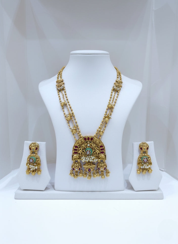 Antique Gold Goddess Temple Necklace Set with Ruby & Emerald Detailing